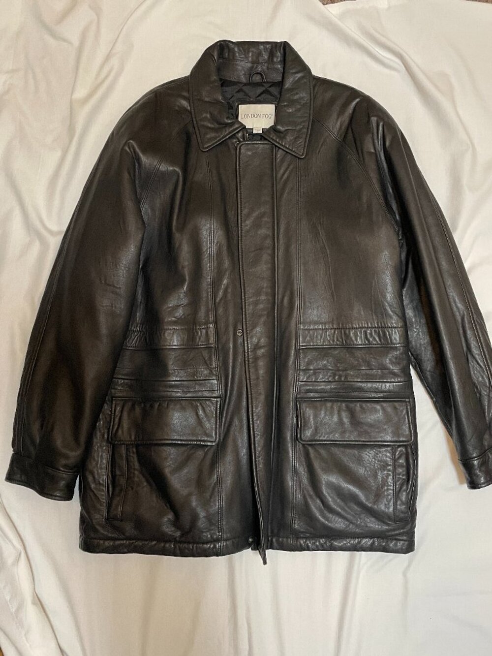 London Fog Leather Jacket Mens Large Long Length Black Preowned